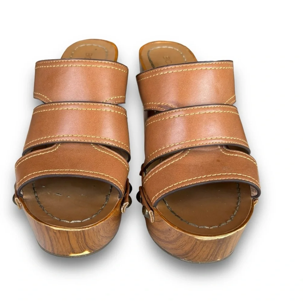 BCBGeneration Zadie Cognac Faux Leather Woodgrain Platform Mule Sandals Size 6